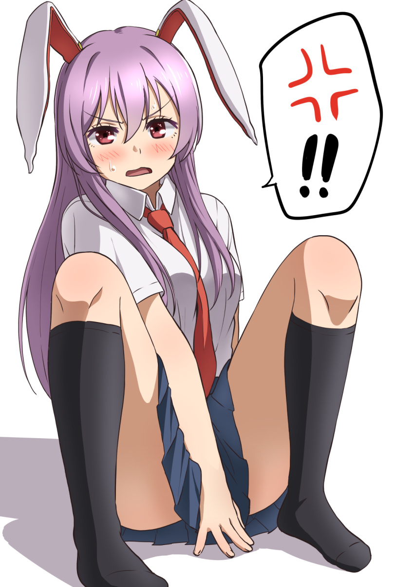 ! 1girl anger_vein animal_ears between_breasts highres long_hair necktie necktie_between_breasts omaehadareda-uso open_mouth pink_hair rabbit_ears raised_eyebrows red_eyes reisen_udongein_inaba solo spoken_anger_vein spoken_exclamation_mark sweatdrop touhou