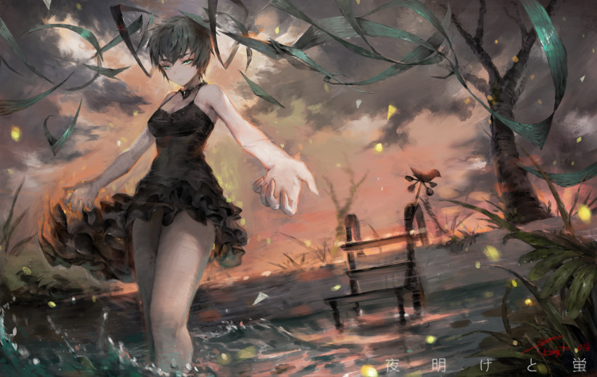 1girl aqua_eyes bare_shoulders breasts choker cleavage clouds foreshortening half-closed_eyes hong outstretched_arms partially_submerged short_hair skrt sky solo tree wading water