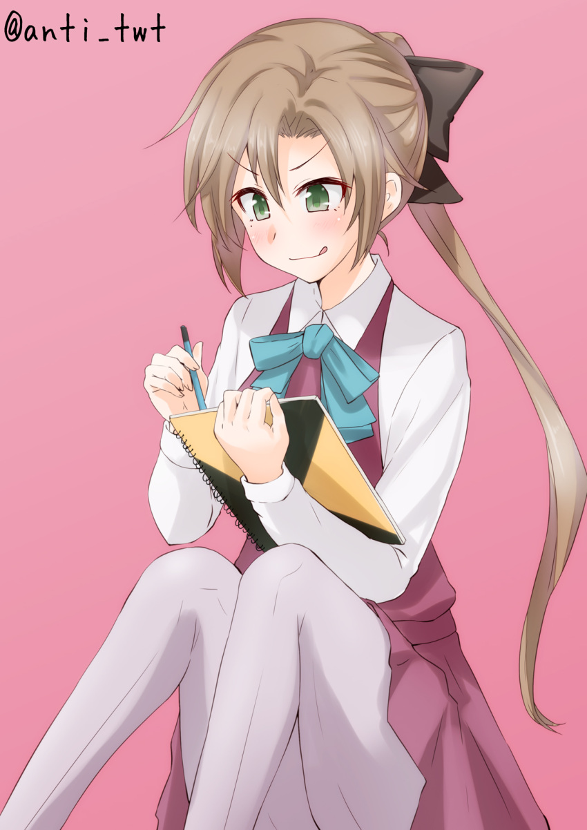 &gt;:q 1girl :q anti_(untea9) artist_name blue_bow blue_bowtie blush bow bowtie character_request closed_mouth collared_shirt dress_shirt eyebrows eyebrows_visible_through_hair green_bow green_eyes grey_legwear hair_bow highres holding holding_pencil kantai_collection long_sleeves pantyhose pencil pink_background pleated_skirt ponytail red_skirt red_vest shirt simple_background sitting sketchbook skirt solo tongue tongue_out white_shirt writing