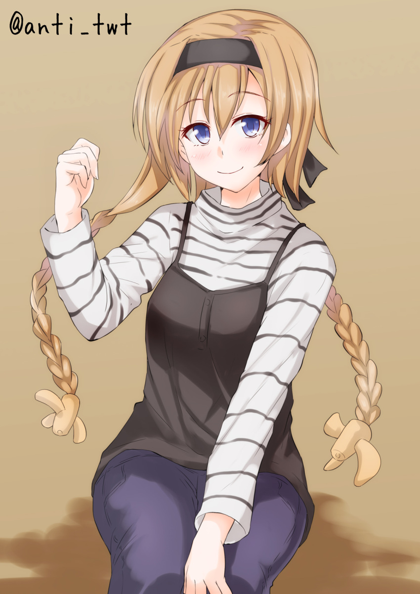 anti_(untea9) artist_name blonde_hair blue_eyes blue_pants blush braid camisole camisole_over_clothes closed_mouth denim eyebrows eyebrows_visible_through_hair female hair_between_eyes hairband hand_on_own_knee highres horizontal_stripes jeans kantai_collection long_hair long_sleeves looking_at_viewer pants propeller_hair_ornament simple_background sitting smile solo striped tareme teruzuki_(kantai_collection) turtleneck twin_braids yellow_background
