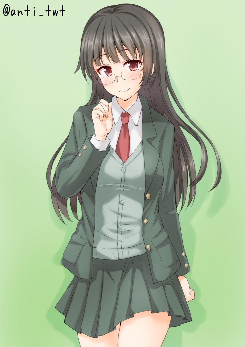 animal_ears anti_(untea9) arm_at_side artist_name bangs blunt_bangs blush brown_hair buttons character_request closed_mouth collared_shirt dress_shirt eyebrows eyebrows_visible_through_hair glasses green green_background highres jacket kantai_collection long_hair long_sleeves looking_at_viewer necktie open_clothes open_jacket pleated_skirt pocket red_eyes red_necktie rimless_glasses shirt simple_background skirt smile tareme thighs unbuttoned white_shirt
