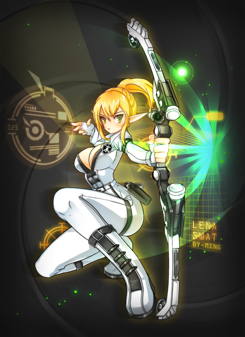 1girl absurdres alternate_hair_color black_background blonde_hair bodysuit bow_(weapon) breasts cleavage elsword expressionless fingerless_gloves gloves green_eyes highres long_hair looking_at_viewer ming_(wldi0132) no_nose open_clothes open_shirt pointy_ears ponytail rena_(elsword) shirt sidelocks solo squatting weapon white_gloves