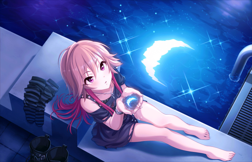1girl bangs barefoot boots boots_removed bracelet crescent crescent_moon idolmaster idolmaster_cinderella_girls idolmaster_cinderella_girls_starlight_stage jewelry key_necklace long_hair looking_up moon moonlight multicolored_hair necklace ninomiya_asuka official_art orange_hair pool reflection socks_removed solo two-tone_hair violet_eyes water