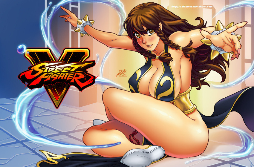 1girl alternate_costume bare_shoulders blush bracelet braid breasts brown_eyes brown_hair capcom china_dress chinese_clothes chun-li cleavage covered_nipples darwin_nunez dress fighting_pose highres jewelry large_breasts long_hair looking_at_viewer parted_lips sideboob sitting smile solo spiked_bracelet spikes street_fighter street_fighter_v