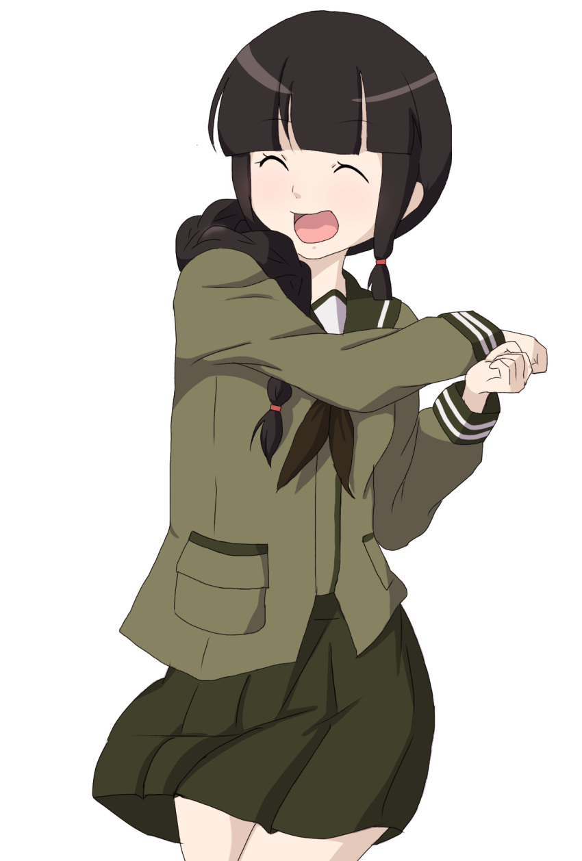 1girl artist_request baker_at_bat bangs black_hair blunt_bangs braid closed_eyes commentary_request ellen_baker_(cosplay) hair_over_shoulder highres kantai_collection kitakami_(kantai_collection) long_hair neckerchief open_mouth parody school_uniform serafuku simple_background skirt smile solo white_background