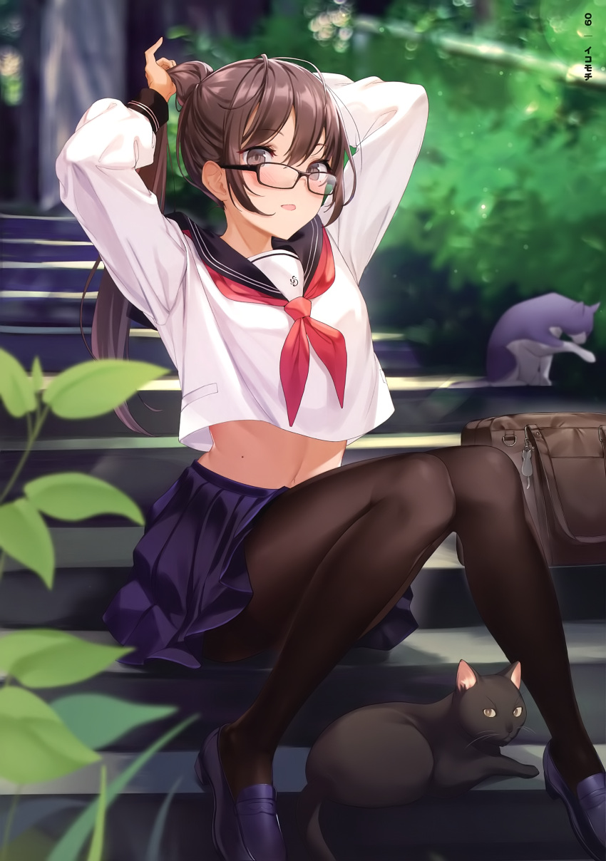 1girl absurdres adjusting_hair arms_up banned_artist black-framed_eyewear black_skirt blurry brown_eyes brown_hair brown_legwear crop_top crop_top_overhang depth_of_field glasses highres icomochi long_hair long_sleeves looking_at_viewer midriff miniskirt mole mole_on_stomach navel neckerchief open_mouth original pantyhose pleated_skirt ponytail sailor_collar scan school_uniform serafuku shirt sidelocks sitting skirt smile solo stomach thighband_pantyhose thighs white_shirt