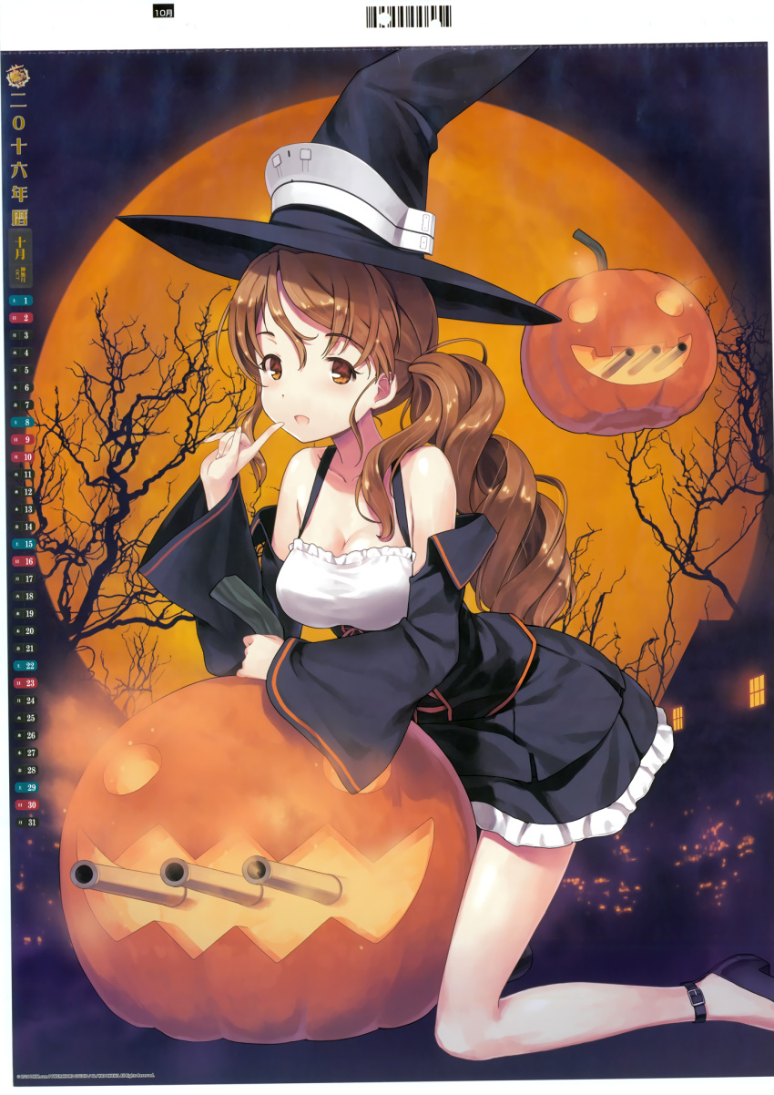 1girl :d alternate_costume breasts brown_eyes brown_hair cleavage detached_sleeves finger_to_mouth full_moon halloween halloween_costume hat highres index_finger_raised italia_(kantai_collection) jack-o'-lantern jiji kantai_collection kneeling littorio_(kantai_collection) looking_at_viewer machinery moon official_art open_mouth revision smile solo tree turret witch witch_hat