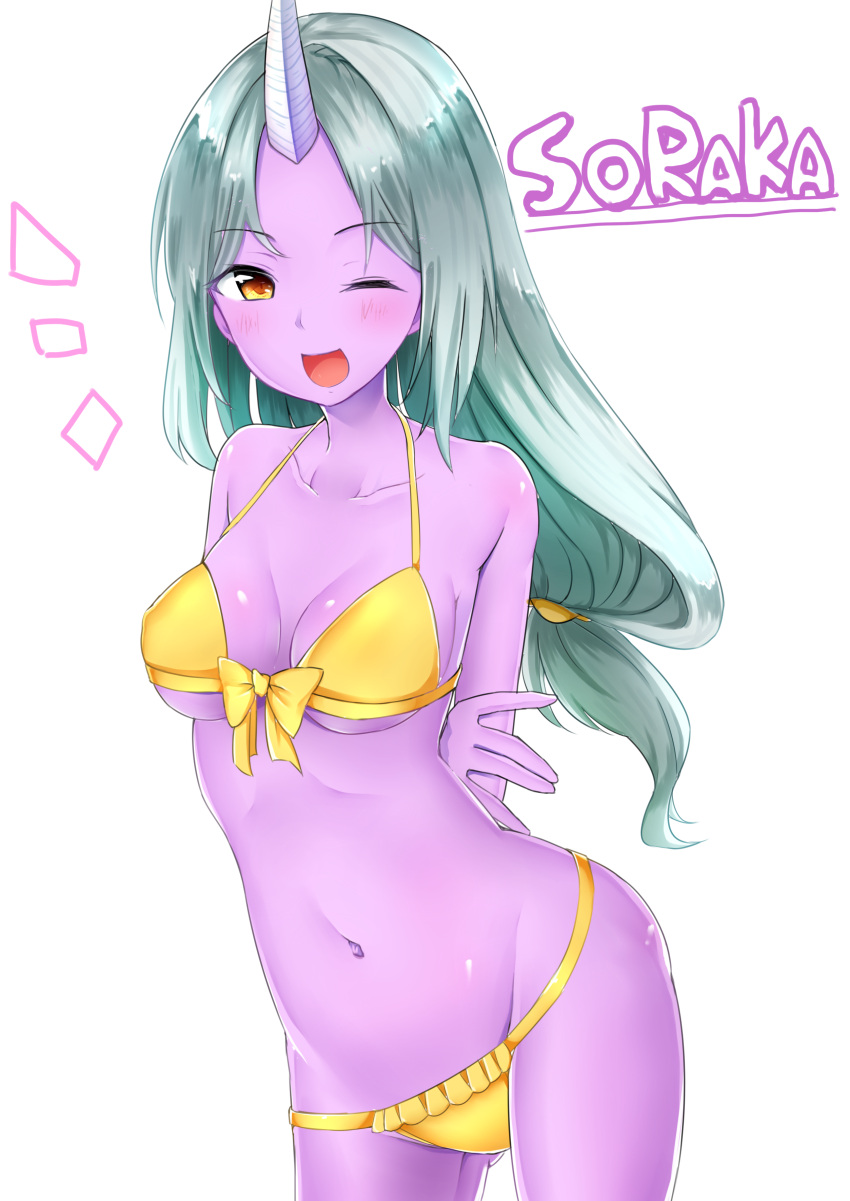 1girl ;d absurdres alternate_hair_color aqua_hair arms_behind_back ass_visible_through_thighs bare_shoulders blush breasts character_name highres horn league_of_legends long_hair looking_at_viewer midriff nanabe navel one_eye_closed open_mouth purple_skin smile solo soraka standing underwear white_background yellow_eyes