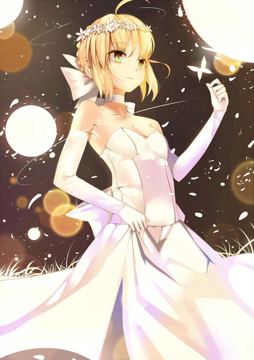1girl absurdres ahoge bare_shoulders blonde_hair braid breasts butterfly cleavage dress elbow_gloves fate/stay_night fate_(series) french_braid gloves green_eyes highres lucky_(1045044604) saber solo
