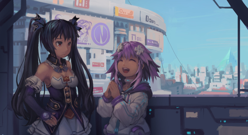 bare_shoulders black_hair breasts choker cleavage d-pad hair_ornament highres long_hair multiple_girls neptune_(choujigen_game_neptune) neptune_(series) noire open_mouth purple_hair red_eyes ribbon segamark smile thigh-highs twintails very_long_hair
