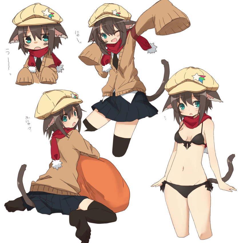 1girl absurdres animal_ears bikini black_legwear blue_eyes brown_hair cabbie_hat cat_ears cat_tail front-tie_bikini front-tie_top hat highres looking_at_viewer looking_back multiple_views navel necktie open_mouth original pom_pom_(clothes) red_scarf scarf school_uniform short_hair side-tie_bikini simple_background sitting skirt sleeves_past_wrists sweater swimsuit tadashi_(tadashi1013) tail thigh-highs wariza white_background