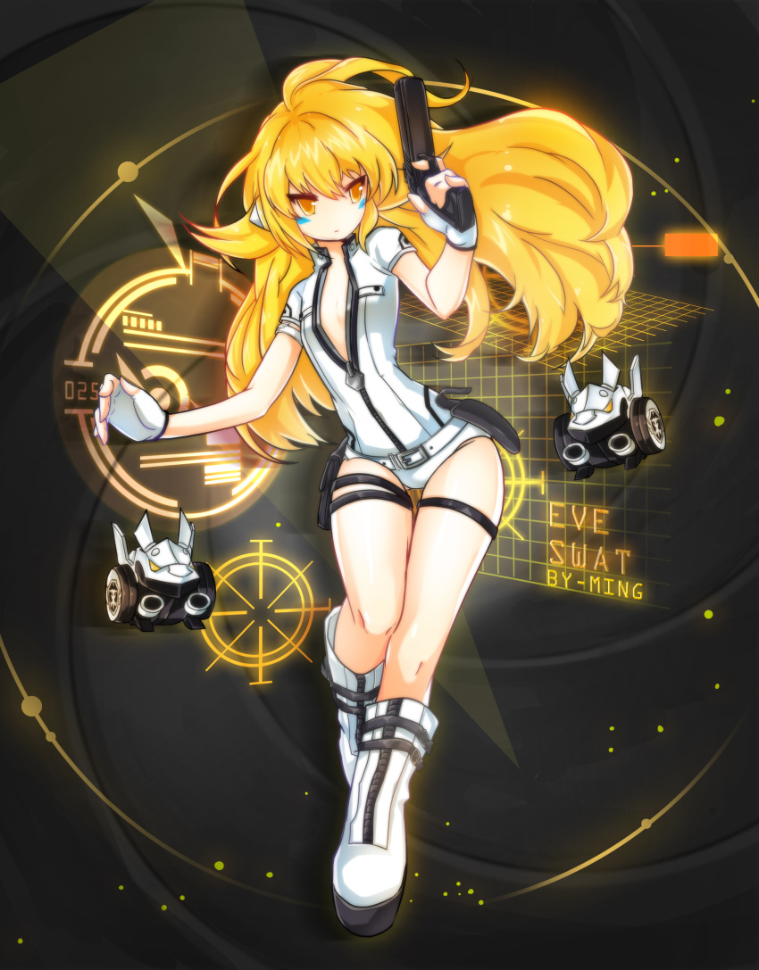 1girl absurdres alternate_eye_color alternate_hair_color artist_name black_background blonde_hair boots character_name elsword eve_(elsword) expressionless facial_mark fingerless_gloves flat_chest gloves gun highres knee_boots leotard long_hair looking_away ming_(wldi0132) no_nose open_clothes open_shirt robot shirt solo tattoo weapon white_boots white_gloves white_shirt yellow_eyes