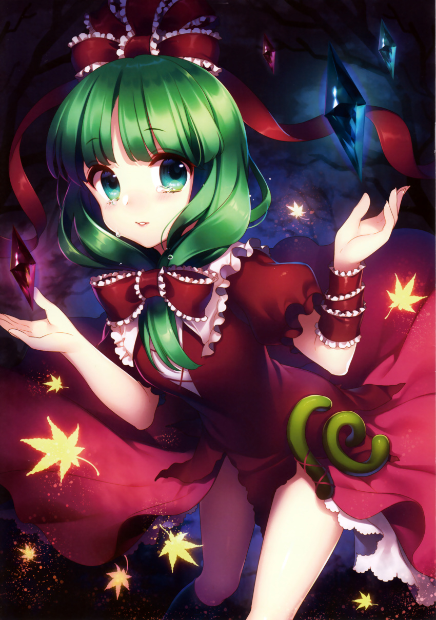 1girl absurdres alexandrite arm_ribbon black_legwear blush crying crying_with_eyes_open dress front_ponytail green_hair hair_ornament hair_ribbon highres kagiyama_hina kneehighs leaf long_hair looking_at_viewer maple_leaf masaru.jp parted_lips red_dress ribbon scan smile solo tears touhou