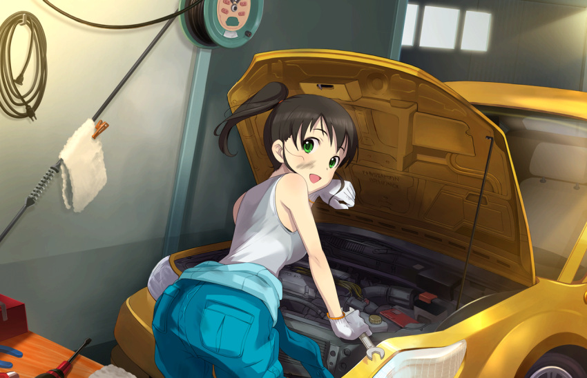 1girl artist_request bent_over black_hair car clothes_around_waist gloves grease green_eyes harada_miyo idolmaster idolmaster_cinderella_girls idolmaster_cinderella_girls_starlight_stage jacket_around_waist looking_at_viewer looking_back mechanic motor_vehicle official_art open_mouth short_ponytail solo star twintails vehicle
