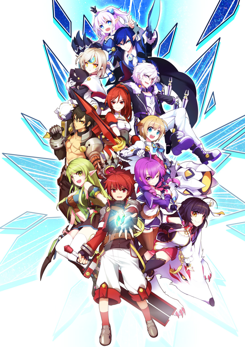 5boys 6+girls add_(elsword) ahoge aisha_(elsword) another_code_(elsword) ara_han black_hair black_legwear black_skirt blonde_hair blue_background blue_eyes blue_hair boots braid breasts brown_legwear chung_seiker ciel_(elsword) cleavage coat cravat crown demon_power_(elsword) elesis_(elsword) elsword elsword_(character) eve_(elsword) everyone expressionless forehead_jewel free_knight_(elsword) gem green_eyes green_hair highres knight_(elsword) kuroshio_maki little_xia_(elsword) long_hair looking_at_viewer luciela_r._sourcream magician_(elsword) mini_crown multiple_boys multiple_girls muscle one_eye_closed pants pointy_ears ponytail purple_hair purple_skirt ranger_(elsword) raven_(elsword) red_eyes red_skirt redhead rena_(elsword) scar shawl shirt shirtless shoes shorts skirt staff sword symbol-shaped_pupils taker_(elsword) thigh-highs thigh_boots tracer_(elsword) twin_braids two_side_up violet_eyes weapon white_boots white_hair white_pants yellow_eyes