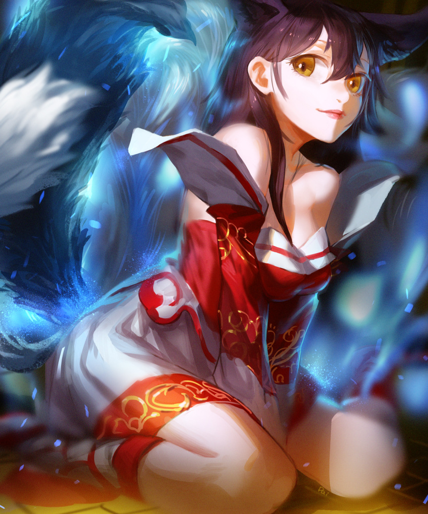 1girl ahri animal_ears bare_shoulders black_hair daible detached_sleeves highres league_of_legends lips long_hair multiple_tails sitting smile tail traditional_clothes wariza