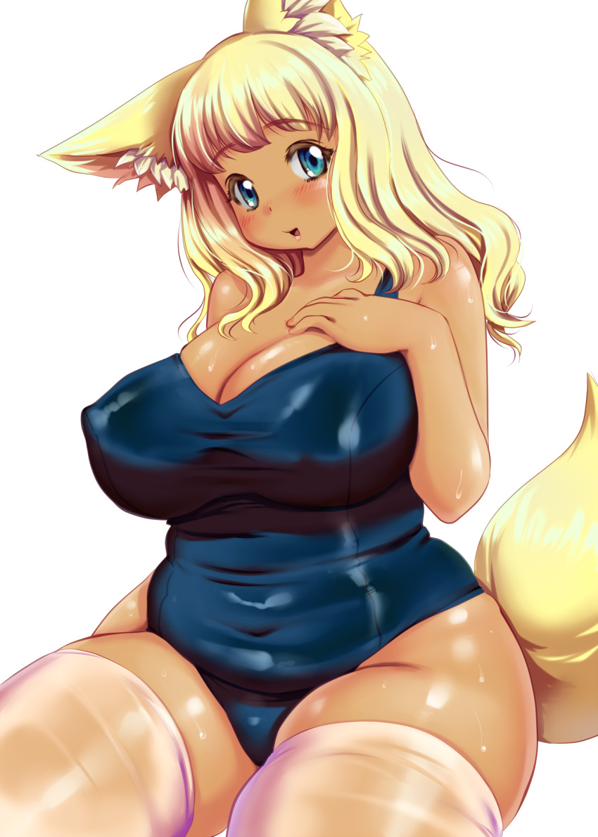 1girl animal_ears belly blonde_hair blue_eyes breasts cleavage covered_navel fox_ears fox_tail highres huge_breasts kokumotsu navel original plump school_swimsuit smile solo swimsuit tail tan thigh-highs