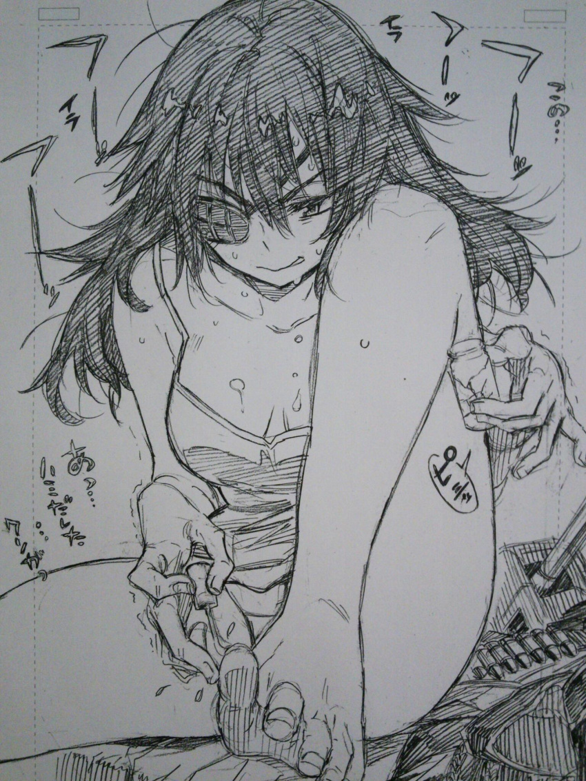 1girl ammunition_belt bottle breasts camisole cleavage eyepatch graphite_(medium) hair_down highres kantai_collection kiso_(kantai_collection) kojima_takeshi long_hair monochrome nail_polish nail_polish_bottle panties solo sweatdrop tagme traditional_media translation_request turret underwear weapon