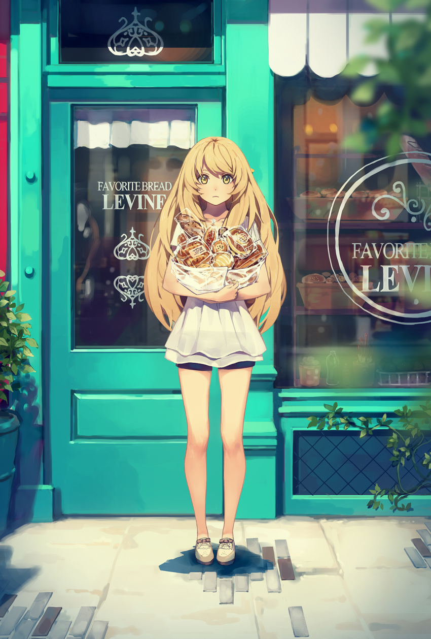 1girl bakery bare_legs blonde_hair blouse bread carrying collarbone door expressionless food full_body highres long_hair looking_at_viewer original pastry shop short_shorts shorts silhouette solo standing storefront window yellow_eyes yohan12