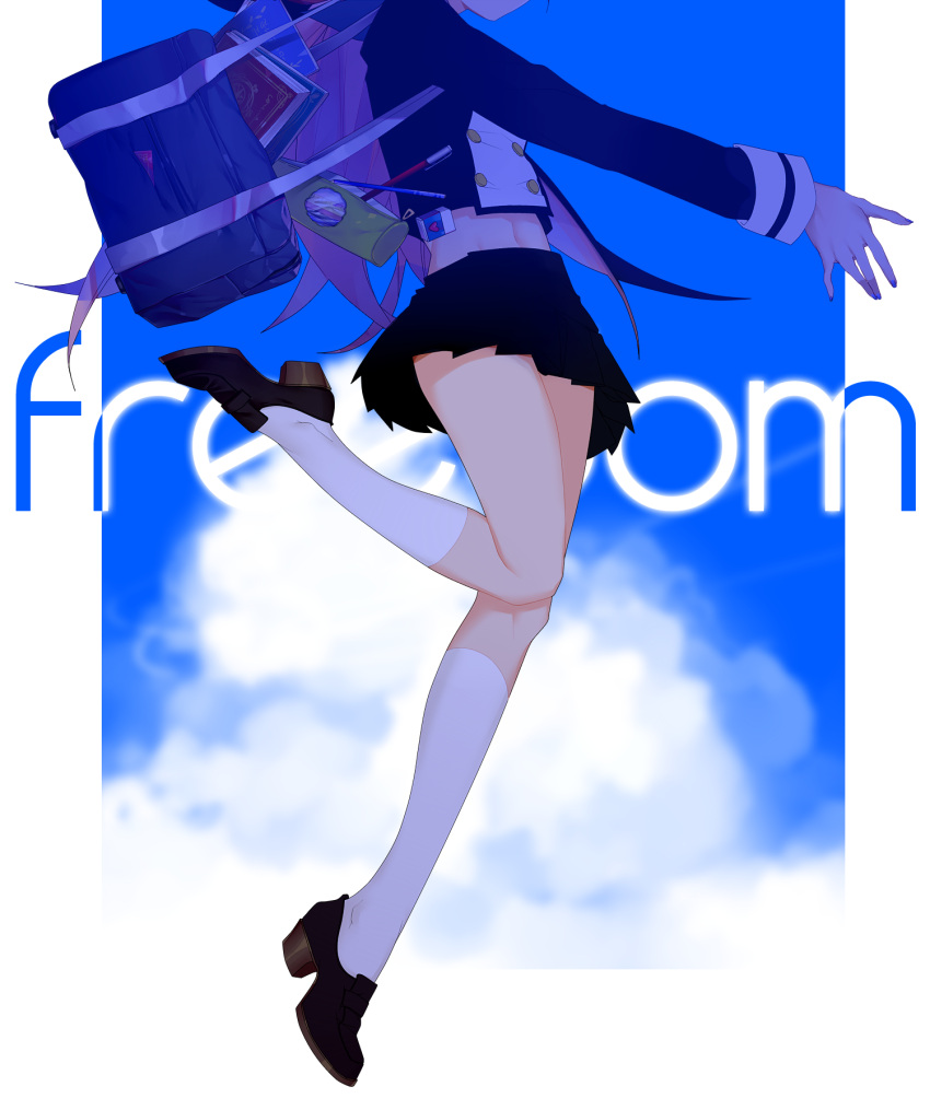 1girl bag black_skirt blue_shirt blue_sky brown_shoes buttons clouds double-breasted english eraser head_out_of_frame highres kneehighs leg_up loafers long_hair long_sleeves navel original outstretched_arm over_shoulder pen pencil pencil_case pillarboxed pink_hair pleated_skirt prophet_chu school_bag school_uniform shirt shoes skirt sky sleeve_cuffs solo stomach text thighs unzipped very_long_hair white_legwear zipper