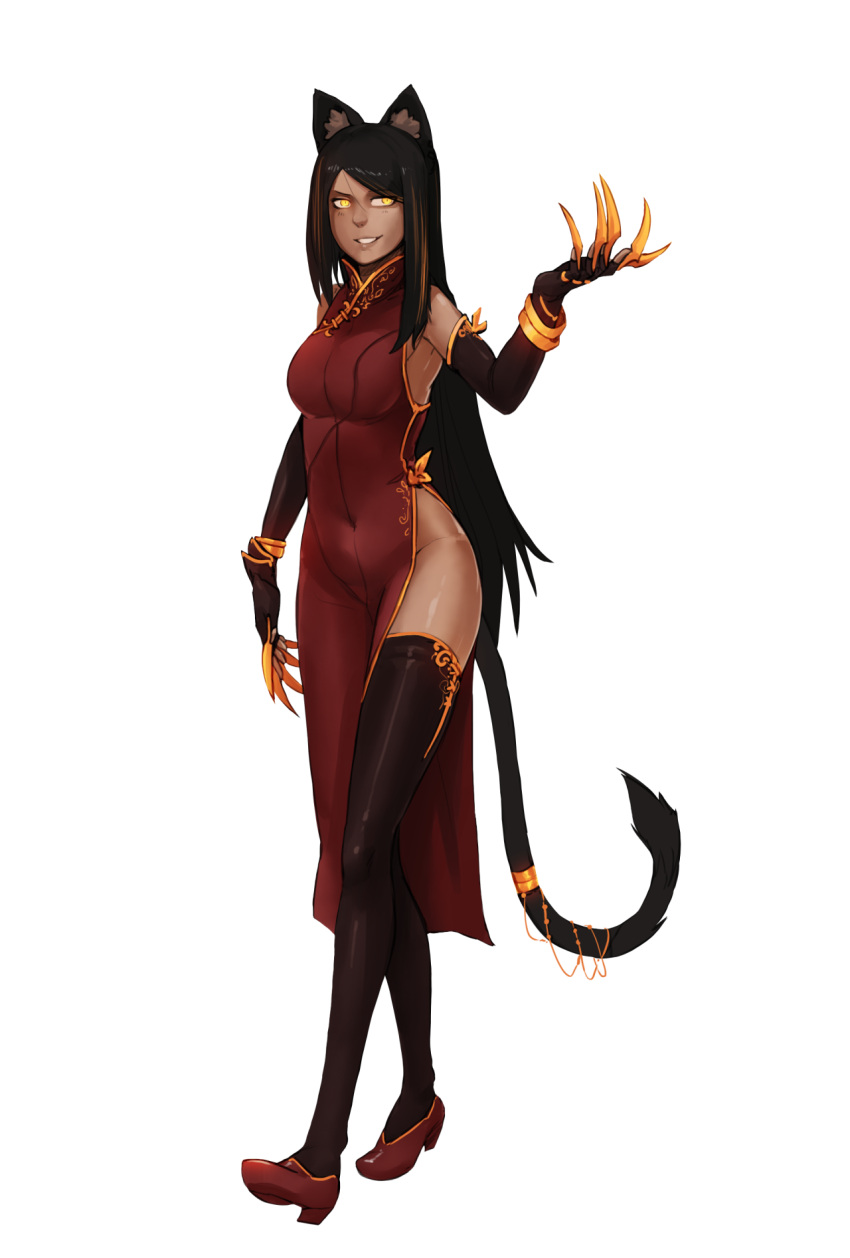 1girl animal_ears black_gloves black_hair black_legwear bracelet cat_ears cat_tail china_dress chinese_clothes claws covered_navel dark_skin dress elbow_gloves full_body gloves highres jewelry less long_hair looking_at_viewer no_panties original red_dress ring shoes side_slit simple_background smirk solo tail tail_ring thigh-highs very_long_hair white_background yellow_eyes