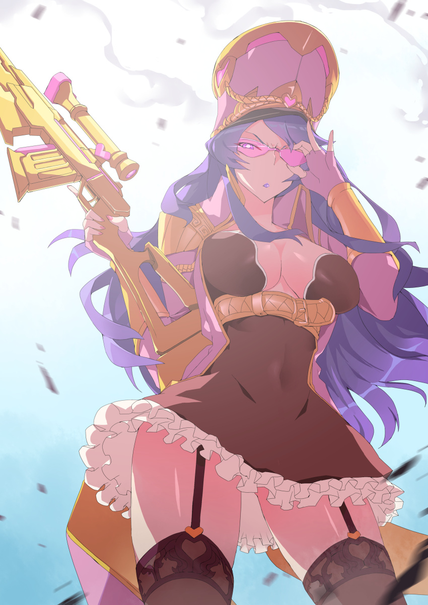 1girl absurdres adjusting_glasses blue_hair breasts caitlyn_(league_of_legends) ceda_(dace) cleavage dress fingerless_gloves glasses gloves gun hat highres league_of_legends long_hair looking_at_viewer solo weapon