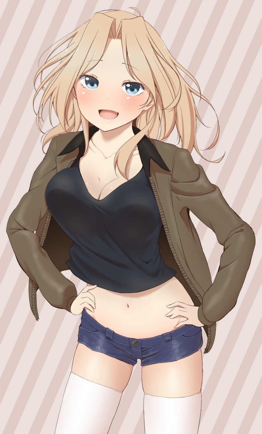 1girl :d blonde_hair blue_eyes blush breasts cleavage girls_und_panzer hands_on_hips highres jacket kay_(girls_und_panzer) long_hair looking_at_viewer mashimaru_(muzikluva) navel open_clothes open_jacket open_mouth shorts smile solo thigh-highs white_legwear