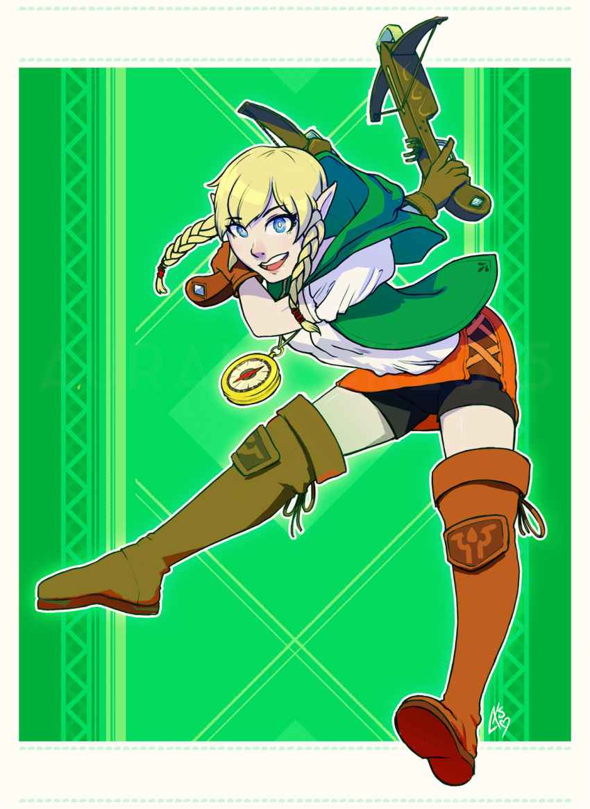 1girl blonde_hair blue_eyes boots bow_(weapon) braid brown_boots brown_gloves crossbow dual_wielding erica_lahaie full_body gloves hair_tie highres hood hood_down knee_boots linkle miniskirt nose outline pointy_ears short_shorts shorts shorts_under_skirt skirt solo twin_braids weapon zelda_musou