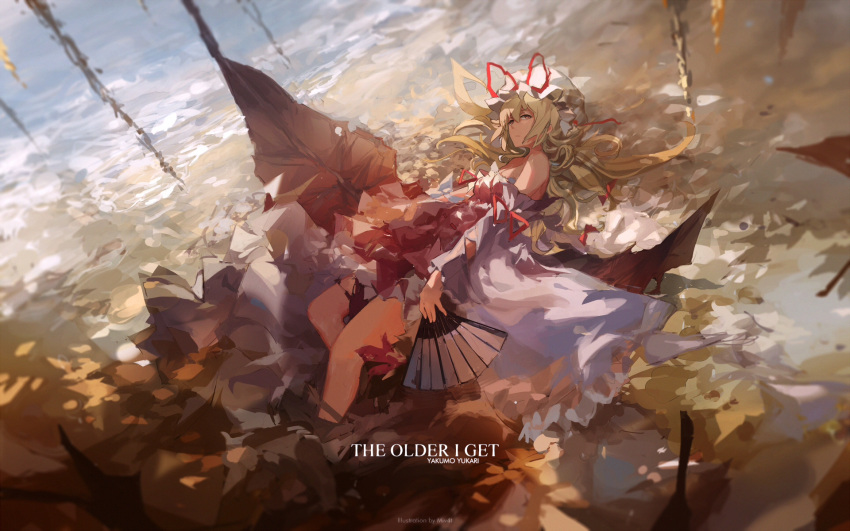 1girl artist_name bangs bare_shoulders blonde_hair blurry breasts character_name closed_mouth depth_of_field detached_sleeves dress fan folding_fan from_above hat hat_ribbon highres holding_fan leaf long_hair lying mivit mob_cap on_back red_ribbon ribbon ribbon_trim shade sketch solo text torn_clothes touhou yakumo_yukari yellow_eyes