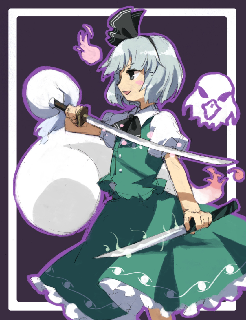 1girl black_ribbon collared_shirt commentary_request dual_wielding eagle_spirit_(touhou) flat_chest frilled_skirt frills from_behind green_skirt green_vest grey_eyes grey_hair hair_ribbon highres holding holding_sword holding_weapon kaigen_1025 konpaku_youmu konpaku_youmu_(ghost) necktie open_mouth puffy_short_sleeves puffy_sleeves ribbon shirt short_hair short_sleeves skirt smile sword touhou vest weapon white_shirt