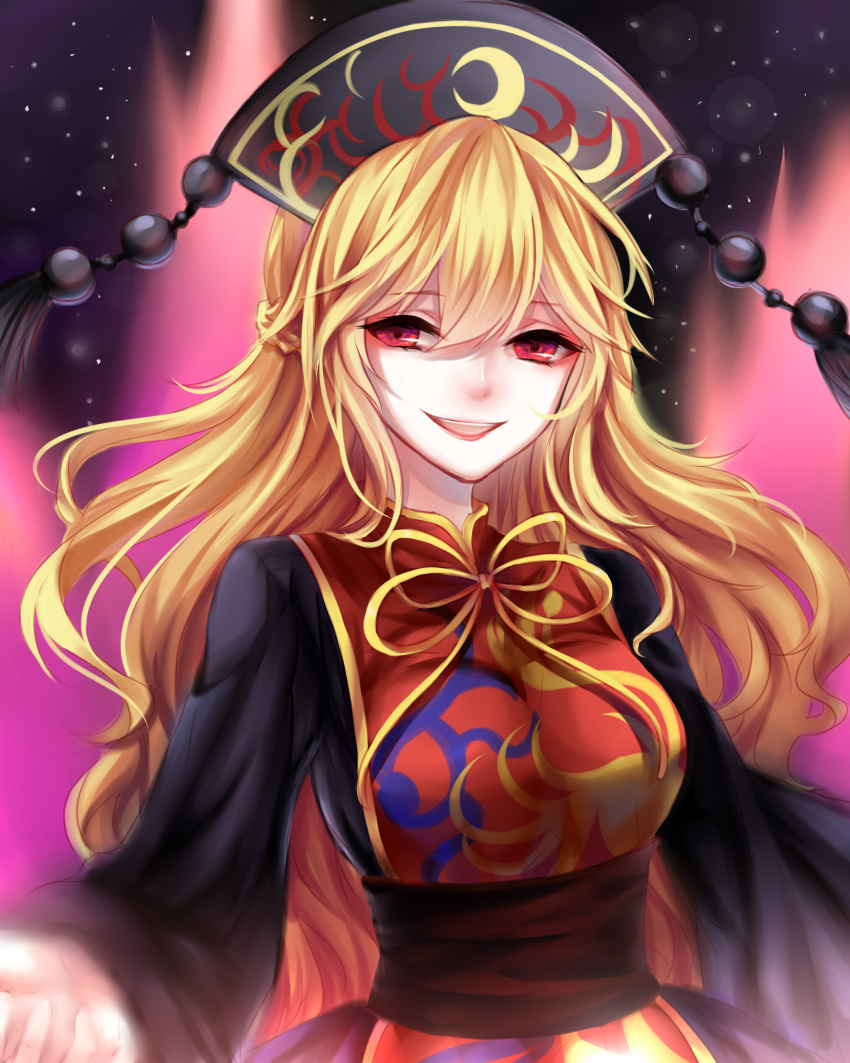 1girl absurdres bangs black_dress blonde_hair braid breasts chinese_clothes dress energy eyeliner fox_tail french_braid hair_between_eyes hand_up hat highres junko_(touhou) lipstick long_hair long_sleeves looking_at_viewer makeup multiple_tails obi open_hand open_mouth red_eyes red_lipstick ribbon sash sheya smile solo space tabard tail touhou upper_body very_long_hair wide_sleeves