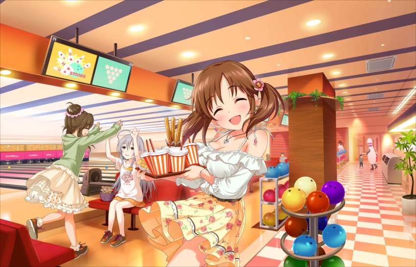 3girls ahoge artist_request ball bangs bare_shoulders belt blush bowling bowling_ball bracelet braid breasts cleavage closed_eyes drink drinking_straw grey_eyes grey_hair hair_bun hood hoodie hoshi_shouko idolmaster idolmaster_cinderella_girls idolmaster_cinderella_girls_starlight_stage jewelry long_hair multiple_girls necklace off_shoulder official_art open_mouth silver_hair single_braid skirt smile snack takamori_aiko totoki_airi twintails