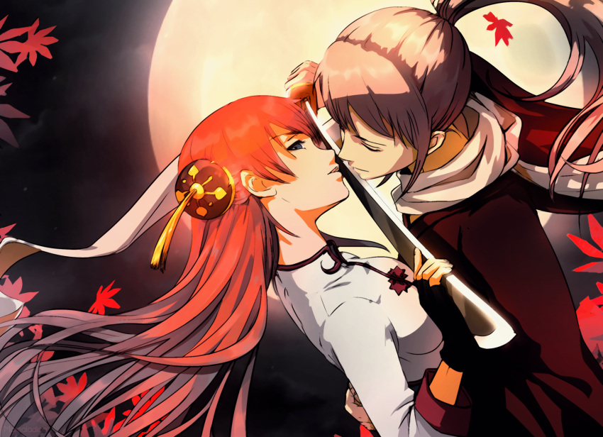 1boy 1girl bangs black_gloves brown_hair bun_cover chinese_clothes closed_eyes closed_mouth couple eyelashes fingerless_gloves gintama gloves grey_eyes hair_bun hand_on_another's_back hetero highres holding holding_sword holding_weapon incipient_kiss japanese_clothes kagura_(gintama) leaf long_hair looking_at_viewer maple_leaf marmalade_(elfless_vanilla) moon okita_sougo older orange_hair parted_lips ponytail scarf sword weapon