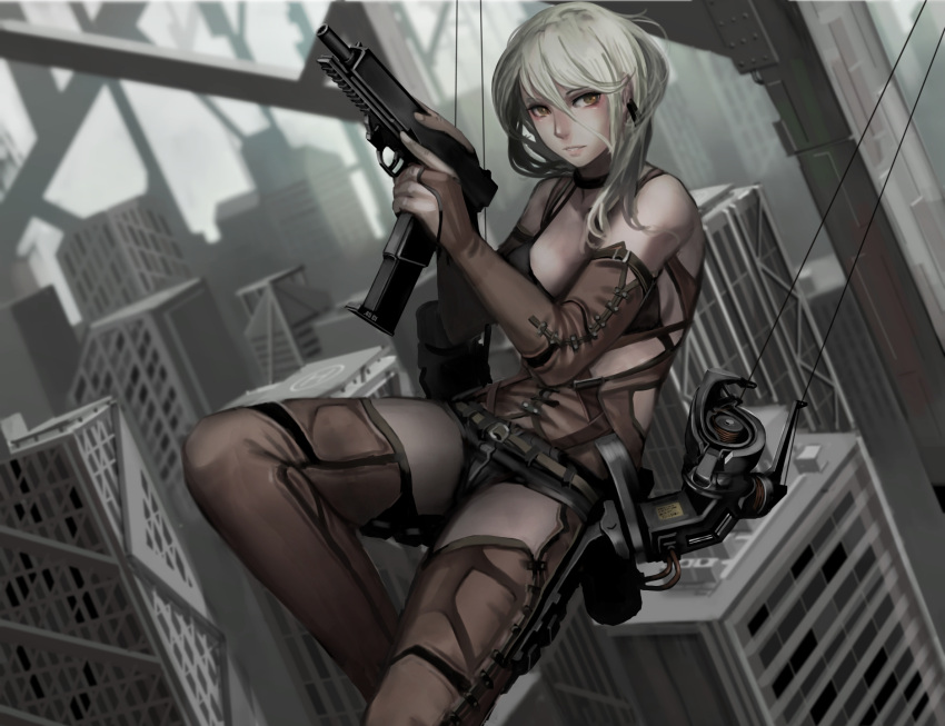 1girl belt black_shorts blurry bodysuit breasts building city depth_of_field detached_sleeves dutch_angle gun hair_between_eyes highres holding holding_gun holding_weapon jittsu looking_at_viewer machinery nail_polish original parted_lips shorts sideboob silver_hair string trigger_discipline weapon white_nails wire