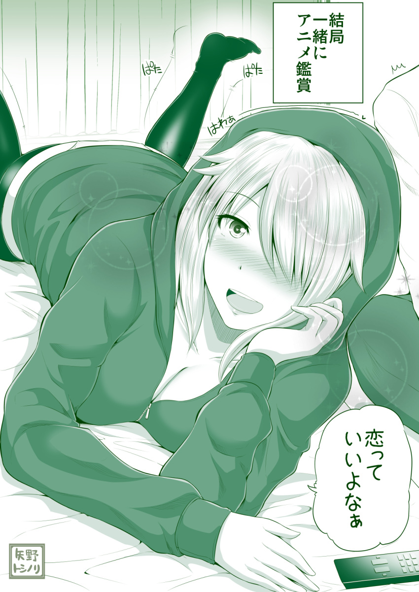 blush breasts cleavage commentary_request controller curtains elbow_rest hair_over_one_eye hand_on_own_cheek highres hood hood_up hoodie legs_up lying monochrome on_bed on_stomach one_eye_covered open_mouth original panties pants remote_control shirt smile surprised thigh-highs translation_request underwear yano_toshinori