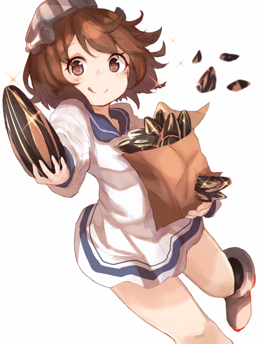 1girl absurdres brown_eyes brown_hair dress highres kantai_collection ranf sailor_dress school_uniform seed serafuku short_hair smile tongue yukikaze_(kantai_collection)