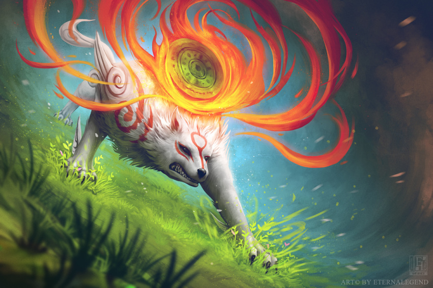 amaterasu artist_name black_eyes bodypaint claws clenched_teeth dutch_angle eternal_legend fighting_stance fire flame fur glowing goddess grass mirror no_humans ookami_(game) open_mouth plant sharp_teeth teeth white_fur wolf