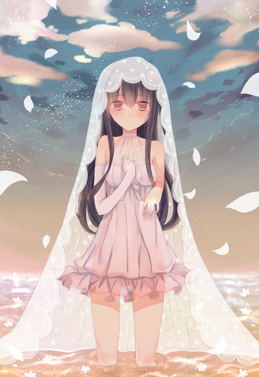 1girl absurdres bare_shoulders black_hair blue_sky blush bridal_veil dress elbow_gloves gloves hand_on_own_chest happy hatsushimo_(kantai_collection) highres jewelry kanae_nagiki kantai_collection long_hair looking_at_viewer ring sky smile solo veil wading wedding_band wedding_dress white_gloves