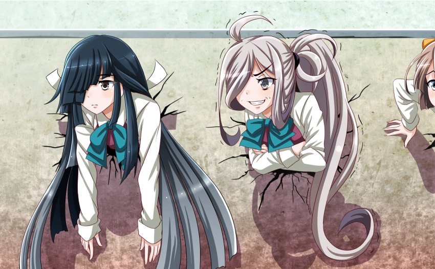 &gt;:d 3girls :d ahoge asashimo_(kantai_collection) black_hair blue_bow blue_bowtie bow bowtie brown_eyes brown_hair clenched_teeth cracked_wall crossed_arms day expressionless gradient_hair green_eyes hair_over_one_eye hayashimo_(kantai_collection) highres kantai_collection kazagumo_(kantai_collection) long_hair long_sleeves multicolored_hair multiple_girls open_mouth red_vest shirt side_ponytail silver_hair smile stuck sunlight teeth through_wall tk8d32 trembling upper_body very_long_hair wall white_shirt