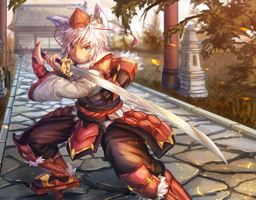 2girls armor blue_eyes cobblestone freeze-ex fur geta hat inubashiri_momiji japanese_armor long_sleeves looking_at_viewer multiple_girls outdoors pavement pom_pom_(clothes) short_hair stone_lantern sword tengu-geta tokin_hat torii touhou weapon white_hair