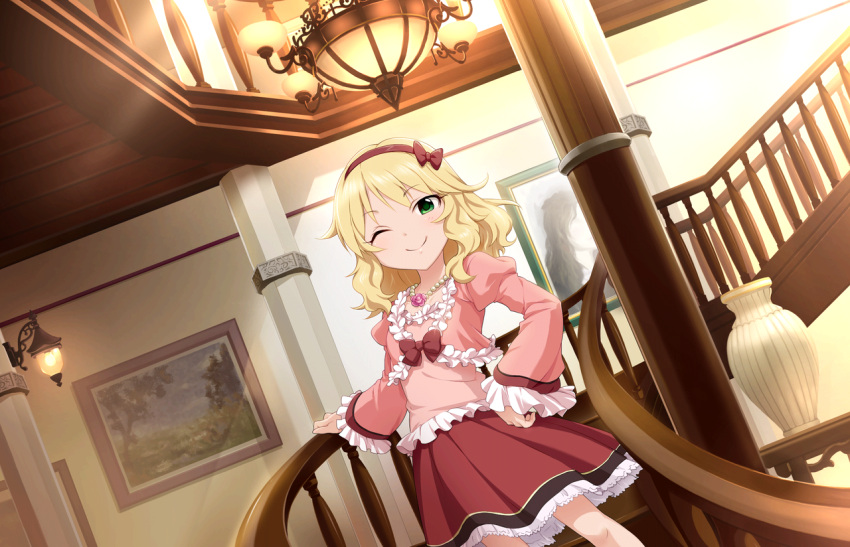 1girl ;) artist_request bangs blonde_hair bow flower green_eyes hairband hand_on_hip idolmaster idolmaster_cinderella_girls idolmaster_cinderella_girls_starlight_stage jewelry lolita_fashion looking_at_viewer necklace official_art one_eye_closed railing ribbon sakurai_momoka skirt smile solo