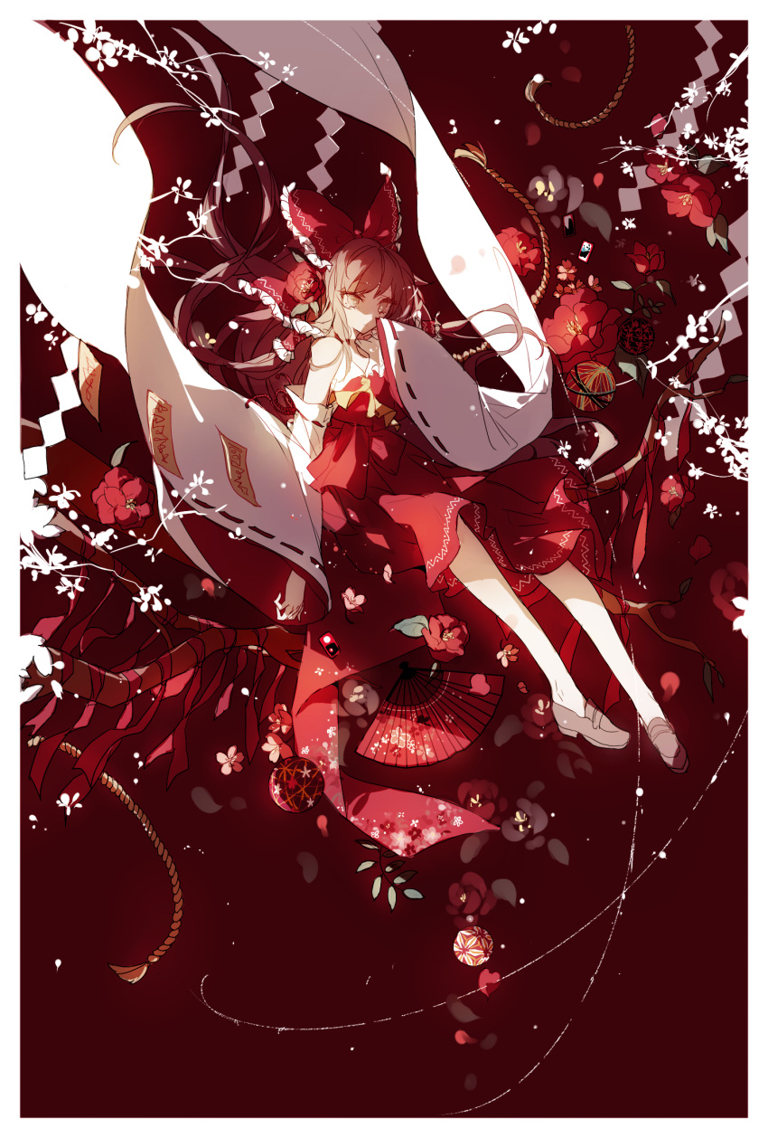 1girl ascot ball bow brown_eyes brown_hair camellia_(flower) cui_(jidanhaidaitang) detached_sleeves expressionless fan flower folding_fan hair_bow hair_tubes hakurei_reimu hand_up highres legs light long_hair looking_at_viewer no_pupils petals red red_background red_shirt red_skirt ribbon-trimmed_sleeves ribbon_trim rope shirt shoes skirt sleeveless sleeveless_shirt solo talismans touhou wide_sleeves