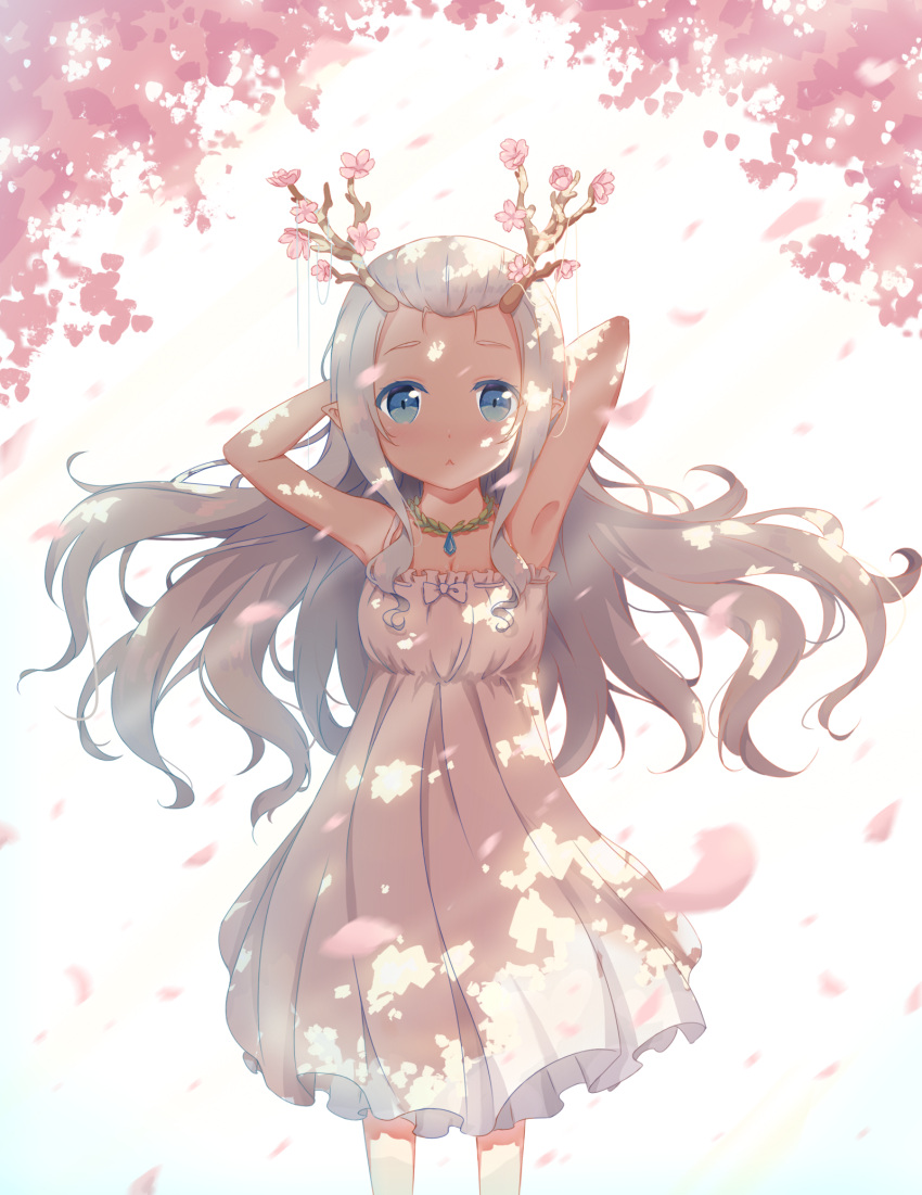 1girl :&lt; armpits arms_behind_head arms_up blue_eyes cherry_blossoms dress flower highres horns long_hair original petals pointy_ears shadow silver_hair sleeveless sleeveless_dress solo sundress very_long_hair white_background white_dress wind