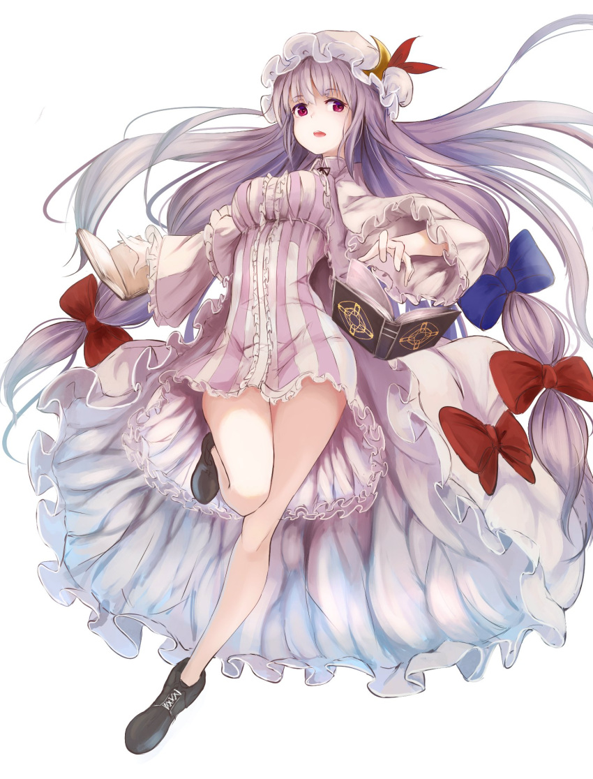 1girl bangs blue_bow book boots bow brown_boots crescent crescent_hair_ornament dress eyebrows eyebrows_visible_through_hair frilled_dress frills full_body hair_bow hair_ornament hat highres homo_1121 long_hair long_sleeves mob_cap patchouli_knowledge purple_hair red_bow red_eyes revision short_dress simple_background solo striped striped_dress touhou vertical_stripes very_long_hair white_background wide_sleeves