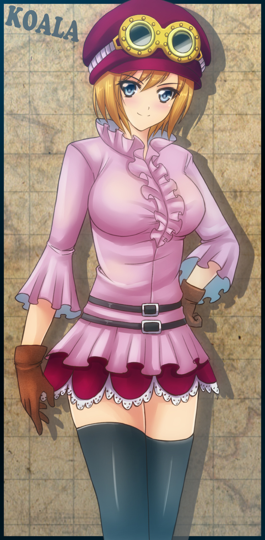 1girl absurdres black_legwear blouse blue_eyes blush breasts brown_gloves character_name gloves goggles_on_hat hand_on_hip hat highres koala_(one_piece) large_breasts looking_at_viewer one_piece orange_hair saw_(artist) short_hair skirt smile solo thigh-highs