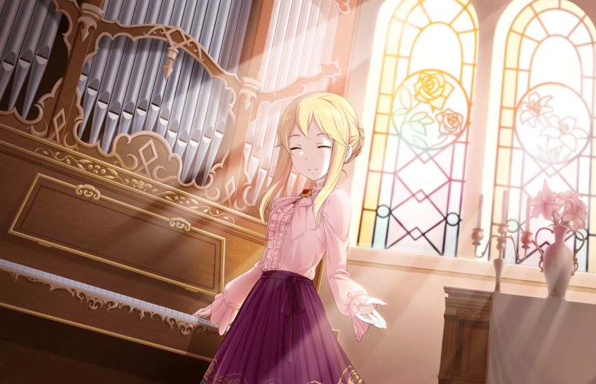 1girl ^_^ artist_request blonde_hair blouse bow brooch church clarice_(idolmaster) closed_eyes frills idolmaster idolmaster_cinderella_girls idolmaster_cinderella_girls_starlight_stage indoors instrument jewelry long_hair official_art organ pipe_organ skirt smile solo stained_glass sunlight