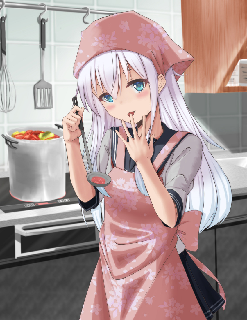 1girl :p artist_request bandana black_skirt blue_eyes blush closed_mouth collar cooking cowboy_shot finger_licking floral_print food head_tilt hibiki_(kantai_collection) highres holding indoors jewelry kantai_collection kitchen ladle licking long_hair pleated_skirt pot remodel_(kantai_collection) ring school_uniform serafuku shelf shirt short_sleeves skirt sleeve_cuffs smile solo spatula spread_fingers stew stove tasting tongue tongue_out upper_body verniy_(kantai_collection) very_long_hair wedding_band whisk white_hair white_shirt リソカーソ
