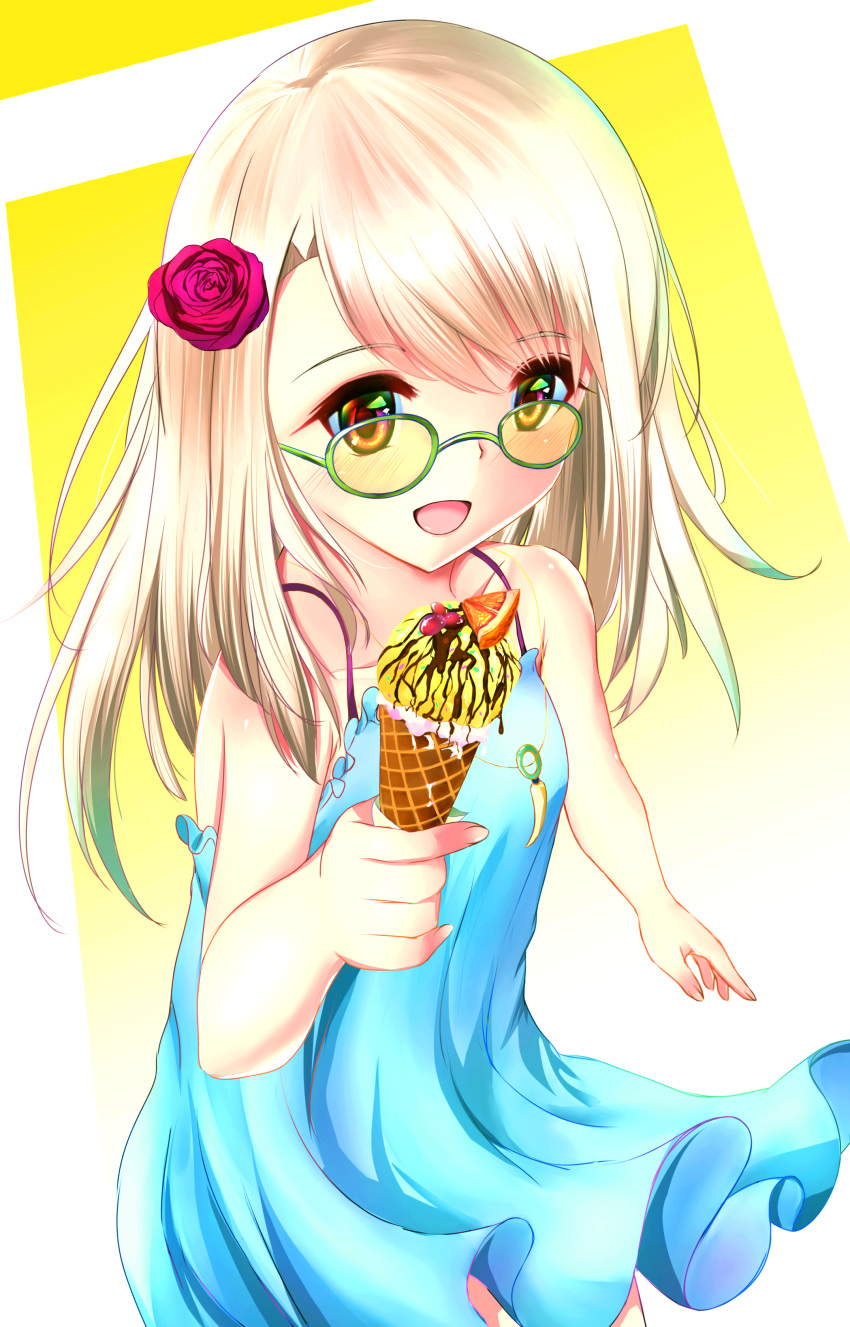 1girl :d absurdres bangs blonde_hair blue_dress collarbone cowboy_shot dress eyebrows_visible_through_hair fate/kaleid_liner_prisma_illya fate_(series) floating_hair flower food glasses green-framed_eyewear hair_flower hair_ornament highres holding holding_food ice_cream illyasviel_von_einzbern izumikuu jewelry long_hair necklace open_mouth red_flower red_rose rose short_dress sleeveless sleeveless_dress smile solo spaghetti_strap standing sundress yellow_eyes