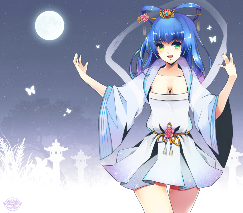 1girl adapted_costume alternate_costume artist_name ayakohi blue_hair blush breasts butterfly cleavage dress flower full_moon gradient gradient_background green_eyes hair_ornament hair_rings hair_stick highres kaku_seiga long_hair long_sleeves looking_at_viewer moon night night_sky open_mouth shawl short_dress sky smile solo star_(sky) string touhou wide_sleeves
