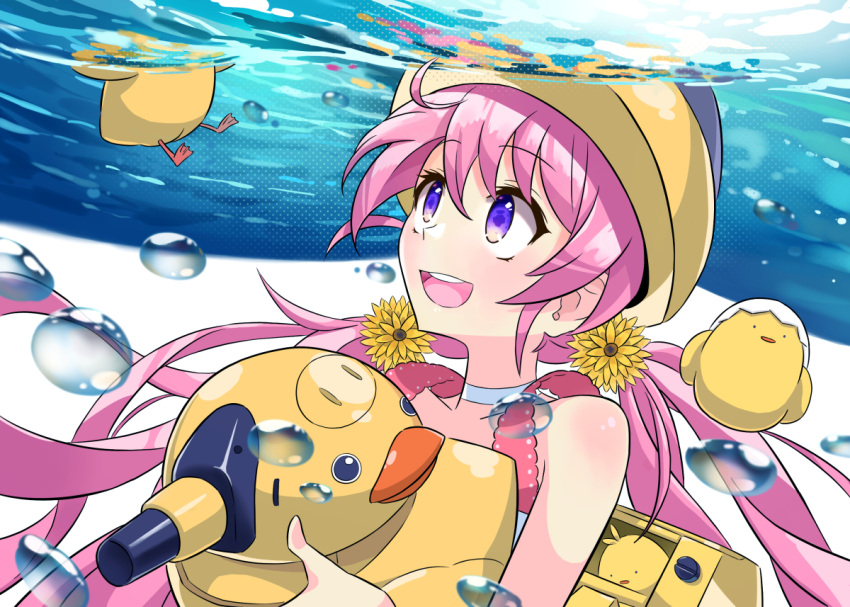 :d bird character_request choker duck eyelashes flower hair_flower hair_ornament hat hellcat open_mouth panzer_waltz pink_hair smile turret underwater violet_eyes water